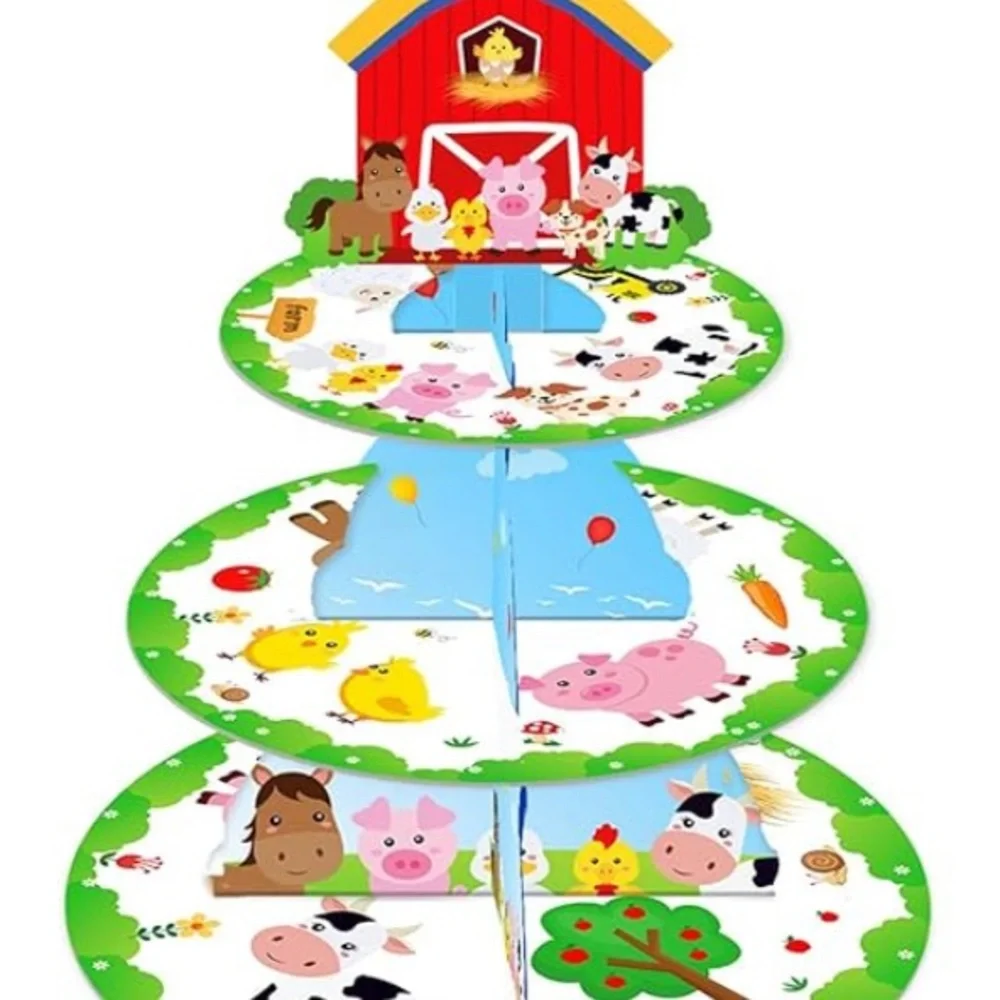 3-Tier Farm Animal Farmhouse Cardboard Cupcake Stand Party Decorations